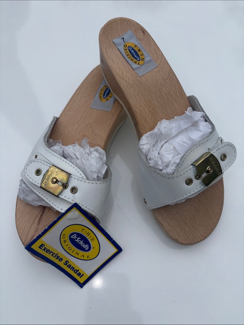 NWT Original Dr. Scholl's White Leather Clog Slides with Gold Buckle